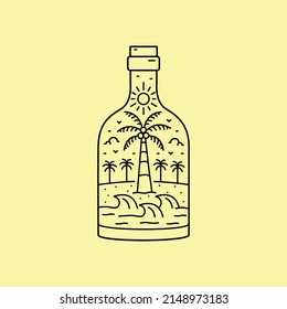 Mono line art of summer beach coconut and wave in bottle shape for badge patch emblem graphic vector art t-shirt design