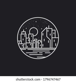 Vektorgrafik der Mitternachtsstadt im Mono-Line-Stil. dunkle Nacht Stadtgebäude Ausblick Illustration.
