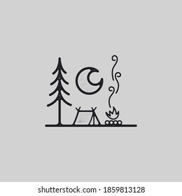 mono line art vector night camping with a campfire