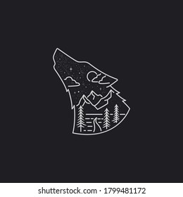 mono line art vector of sky mountain and forest inside wolf head. howling wolf illustration.