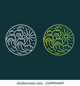 Mono line art of waves summer beach for badge patch emblem graphic vector art t-shirt design