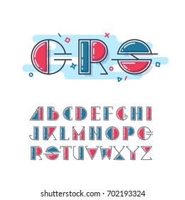 Mono line and color latin font, graphical upper case decorative type. Geometrical lineart alphabet. 