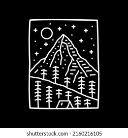 mono line design of camping on nature mountain and starry sky, vector for patch, pin, graphic, art t-shirt design