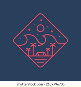 Mono line design of camping on beach and the waves