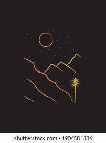 MONO LINE DESIGN OF A MOUNTAIN AND HILLS AND COCONUT TREE FOR DESIGN OF T-SHIRTS, WALL DECOR, ETC