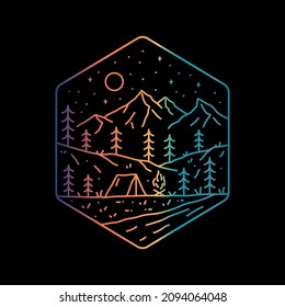 mono line design of natural mountains and campfire camps. inspired by mountains in america