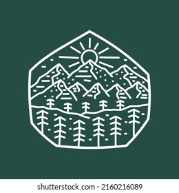 mono line design of nature mountain sunny sky, vector for patch, pin, graphic, art t-shirt design