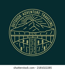Mono line design of nature mountain outdoor adventure for badge patch emblem graphic vector art t-shirt design