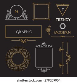 Mono line elegant design elements. Badges, vignettes & frames set. Vector illustration