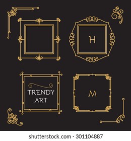 Mono line elegant design elements. Badges, vignettes & frames set. Vector illustration