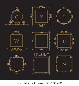 Mono line elegant design elements. Badges, vignettes & frames set. Vector illustration