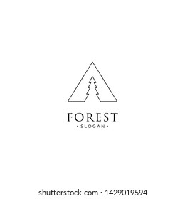 mono line forest, mountain and wave logo icon vector