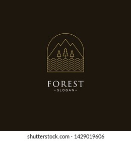 mono line forest, mountain and wave logo icon vector