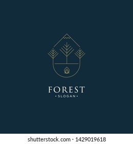 Mono Line Forest, Mountain And Wave Logo Icon Vector