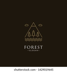 mono line forest, mountain and wave logo icon vector