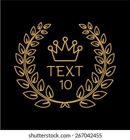 Mono line golden wreath with crown. Vector badge.