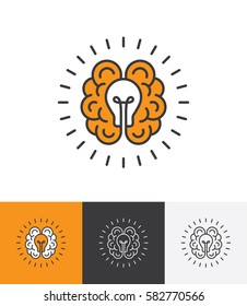 Mono line icon with brain and light bulb. Creative idea, mind, thinking logo concept