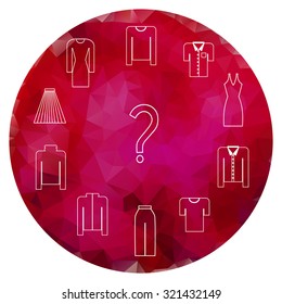 Mono line icons set on garnet circle gem background. Modern vector illustration of clothes useful for labels, tags, sale announcement, stickers, emblems, badges