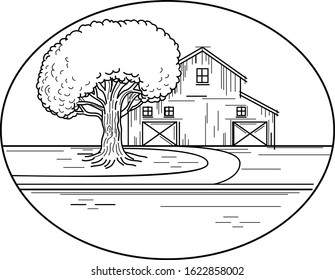 Mono line illustration of an American farm house or barn with oak tree on the side and road leading up to it set inside oval shape   done in monoline style.