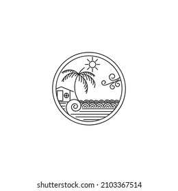 mono line. illustration of beach, coconut tree, small hut, waves, sun, circle.