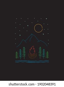 Mono line illustration of bonfire - camp in the mountain