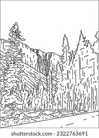 Mono line illustration of Bridalveil Fall in the Yosemite Valley within Yosemite National Park, United States of America USA done in monoline line art in black and white style.