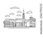 Mono line illustration of Broad Street including the steeple of St. Michael's Episcopal Church in Charleston, South Carolina, USA done in monoline line art black and white style.