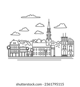 Mono line illustration of Broad Street including the steeple of St. Michael's Episcopal Church in Charleston, South Carolina, USA done in monoline line art black and white style.