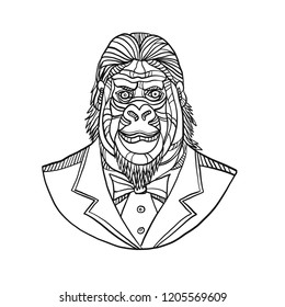 Mono line illustration of bust of a gorilla or ape wearing tuxedo jacket coat and tie suit viewed from front done in black and white monoline style.