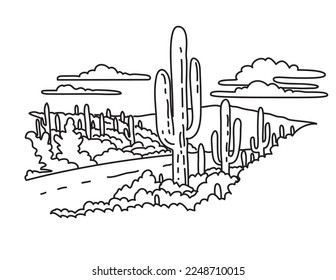 Ilustración de línea de mono de la ruta panorámica del bosque Cactus en el Parque Nacional Saguaro, Arizona, Estados Unidos, realizada en estilo de dibujo de línea de monolínea blanca y negra.