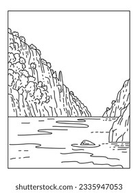 Ilustración de la línea de Mono del Parque Nacional de Calanques, ubicado en la costa mediterránea, en Bouches-du-Rhone, sur de Francia, en estilo de arte de línea monolínea.