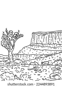 Mono line illustration of Capitol Reef National Park west of Torrey in the center of southern Utah done in monoline line drawing art style.
