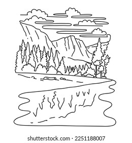 Mono line illustration of Cathedral beach picnic area on the Merced river in Yosemite National Park, California, United States done in black and white monoline line drawing art style.