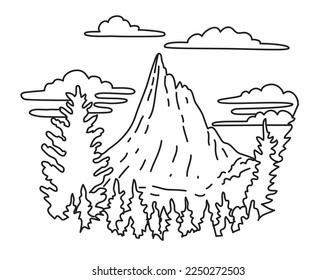 Mono line illustration of Cathedral Peak in the south central portion of Yosemite National Park in Mariposa and Tuolumne county, California done in black and white monoline line drawing art style.