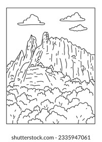 Mono-Line-Illustration des Nationalparks Cevennes oder des Parc national des Cevennes in Südfrankreich im Gebirgsgebiet von Cevennes im Stil monoline-line-Kunst.