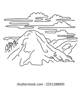 Mono line illustration of Clouds Rest mountain located in Yosemite National Park, California United States done in black and white monoline line drawing art style.