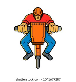 Mono line illustration of a construction worker operating jackhammer, pneumatic drill or demolition hammer, a pneumatic electro-mechanical tool that combines hammer with chisel done in monoline style.