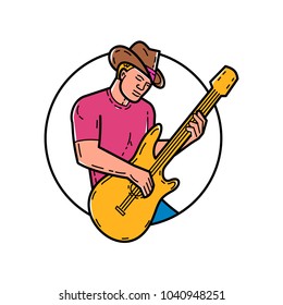 Mono line illustration of cowboy rocker, guitarist, band member, musician or guitar player, playing the guitar set inside circle done in monoline style.