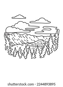 Mono line illustration of Crater Lake National Park in the Cascade Mountains of southern Oregon done in monoline line drawing art style.