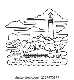 Mono line illustration of Currituck Beach Lighthouse on the Outer Banks of North Carolina in the United States of America USA done in monoline line art style.