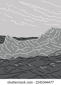 Mono line illustration of Death Valley National Park located east of the Sierra Nevada in the California-Nevada border, United States done in monoline line drawing art style with grayscale shading.