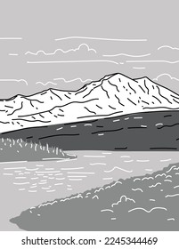 Mono line illustration of Denali National Park and Preserve or formerly Mount McKinley located in Alaska, United States done in monoline line drawing art style with grayscale shading.