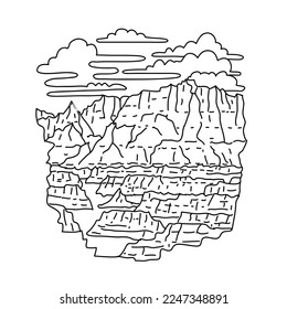 Mono line illustration of the Door Trail in Badlands National Park, South Dakota, United States done in black and white monoline line drawing art style.