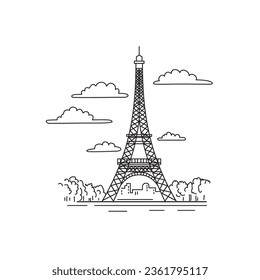 Mono-line-Illustration des Eiffelturms oder Tour Eiffel auf dem Champ de Mars in Paris, Frankreich in monoline Linie Kunst schwarz-weiß Stil.