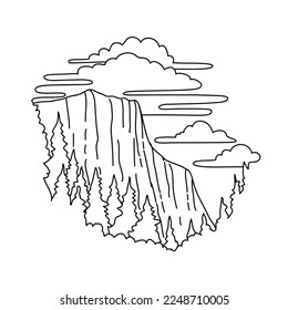 Ilustración de línea de mono de El Capitan en el lado norte del Valle Yosemite en el Parque Nacional Yosemite, California, Estados Unidos, hecho en estilo de dibujo de línea de monolíneas en blanco y negro.