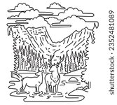 Mono line illustration of elk or wapiti in Rocky Mountain National Park in northern Colorado spanning the Continental Divide in the United States of America done in monoline line art style.