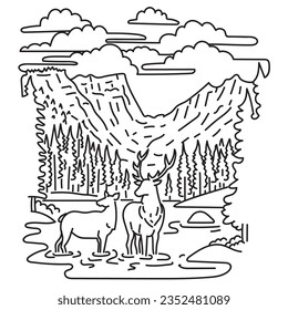 Mono line illustration of elk or wapiti in Rocky Mountain National Park in northern Colorado spanning the Continental Divide in the United States of America done in monoline line art style.