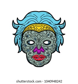 Mono line illustration of a female calavera or sugar skull, an edible decorative skull made from sugar or clay used in Mexican celebration of the Day of the Dead or Dia de Muertos in monoline style.