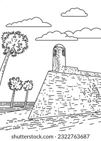 Mono line illustration of Fort Marion in St. Augustine, Florida, United States the oldest place of European settlement on the North American Continent done in monoline line art black and white style.