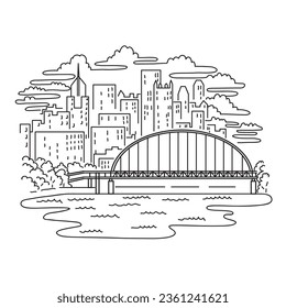 Mono line illustration of Fort Pitt Bridge spanning the Monongahela River in Pittsburgh, Pennsylvania, United States of America done in monoline line black and white art style.